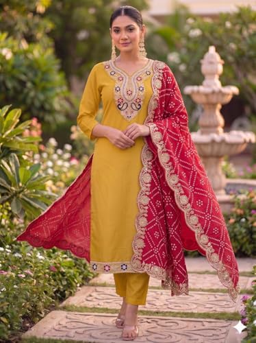 Image of Women Festive Kurta Pant Ensemble with Badhani Embroidered Dupatta Ethnic Set