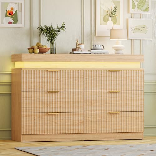 Image of 6 Drawer Dresser with LED Lights and Charging Station, 47 inch Wide Fluted Dresser for Bedroom, Modern Wood Chest of Drawers for Closet Organizer Cabinet for Living Room, Hallway, Natural Oak