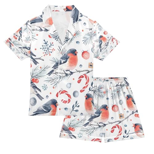 senya Red Bird and Tree Satin Summer Pajama Sets Silk Short Sleeve Button Down Sleepwear