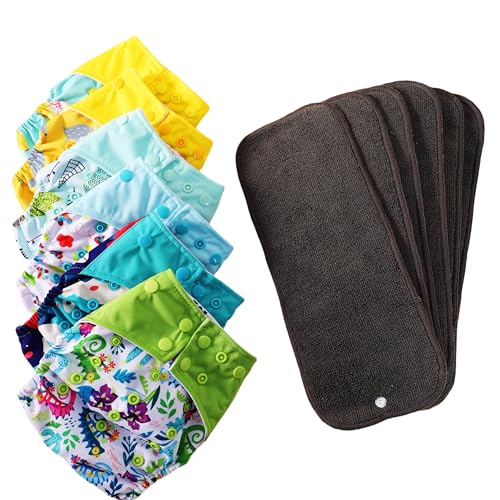 Image of Asenappy Cloth Diapers 6 Pack with 6 Inserts & 1 Wet Bag - Waterproof Cover, Washable, Reusable & One Size Adjustable Pocket Diapers for Newborns and Toddlers (Bear Set)