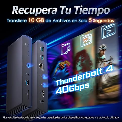 Imagen promocional que destaca la capacidad de transferencia de 10 GB de archivos en solo 5 segundos mediante Thunderbolt 4.