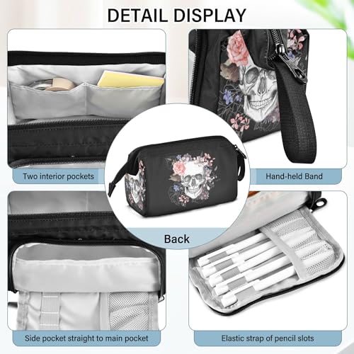 Image of Fisyme Flower Skull Pencil Case Large Capacity Pencil Pouch Pen Bags Box Big Makeup Pencil Case Organizer