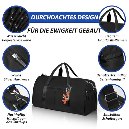 DAYGOS Sporttasche Herren, Reisetasche mit Schuhfach & Nassfach, Wasserdicht 40L Sporttaschen Sportbeutel Schwimmtasche Trainingstasche für Sport, Gym & Fitness, Weekender Reisen Duffel Bag (Schwarz)