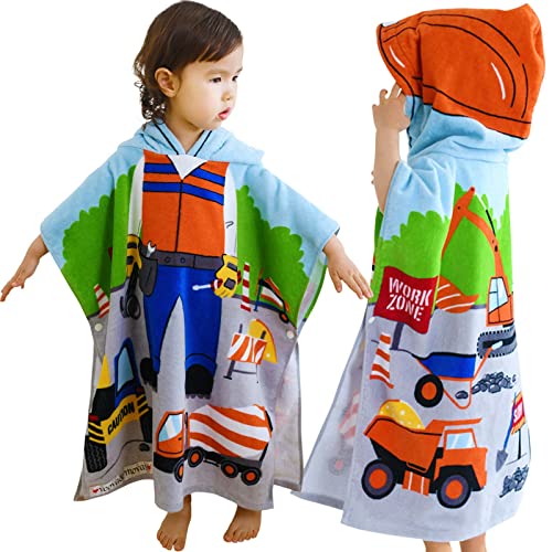 Kids Beach | Pool Towels With Hood, 48"X24" Soft Cotton Bathrobe | Poncho For Babys | Toddlers 2 To 5T, Ideal For Child Summer Swim Camping Surf Shower | Birthday Gifts, Truck Work Zone Theme #TOP1
