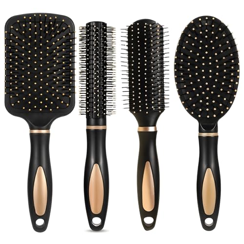 Image of Hair Brush Set for Women Men | 4pcs Includes Anti-Static Massage Oval Comb, Paddle Comb, Vented Detangling Brush & Round Hair Brush For Use Wet Dry Curly and Straight Hair