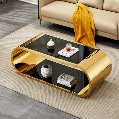 lszpseep Extra Large 57″ W Luxury Gold Glass Coffee Table, Oversized Black Modern Living Room Table with Tempered Glass Top, Stainless Steel Frame Oval Center Tables, Oval