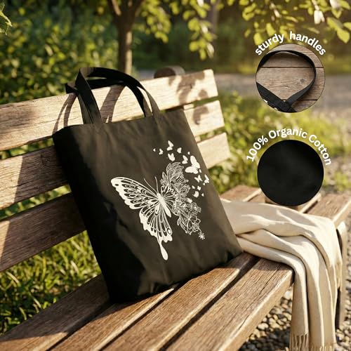 Image of STRUTT Foldable Canvas Tote Bag for Women, Tote Bag for College Girls, 100% Organic Cotton Reusable Shopping Bag for Grocery, Eco-Friendly Multi-Purpose Bag for Travel & Daily Use - White Butterfly
