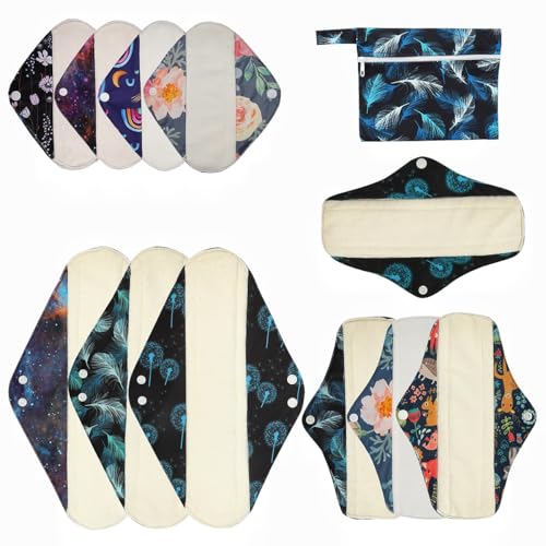 Image of 12 Pack Cloth Menstrual Pads,Reusable Sanitary Pads,4 Pieces Panty Liners + 4 Pieces 10 Inch Regular + 3 of 14 Inch Overnight and 1 of Mini Bag,Unscented