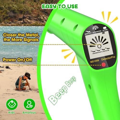 Metal Detector for Kids, Adjustable 27.5"-37.8" Kids Metal Detector with Intuitive LCD Display, Lightweight 6.5" Search Coil Metal Detector Kit for Exploration, Toy Gift for Boys Girls - Green