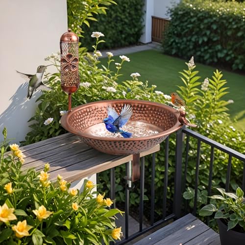 Metal-Bird-Bath-13-Inches-Outdoor-Deck-Mounted-Bowl-with-Feeder-Balcony-Railing-Birdbaths-Unheated-with-Fence-Clamp-Detachable-for-Outdoor-Garden-Patio-Bronze Metal Bird Bath 13 Inches Outdoor Deck Mounted Bowl with Feeder Balcony Railing Birdbaths Unheated with Fence Clamp Detachable for Outdoor Garden Patio Bronze