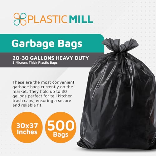 PlasticMill Heavy Duty Trash Bags - Black Garbage Bags - Plastic Trash Bags - Kitchen, Bathroom, Office Garbage Bags, Trash Can Liners - 20-30 Gallon, 8 Microns, 30