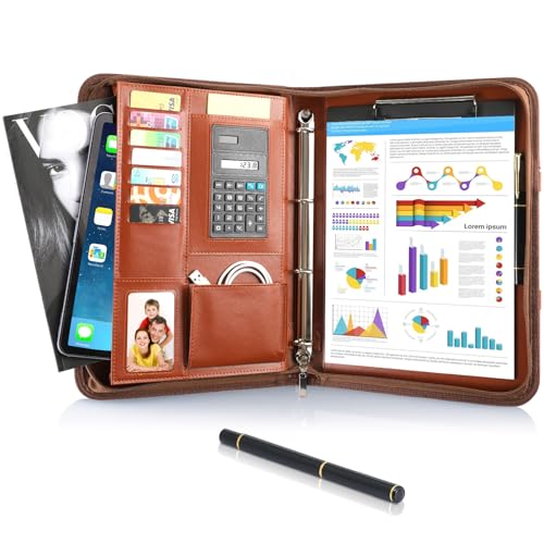 Schreibmappe A4, Konferenzmappe Leder, Dokumentenmappe mit Reißverschluss, Wasserdicht Aktenmappe mit Ringbuch Klemmbrett Notizblock, Portfolio Padfolio Mappe für Business Meeting, Braun