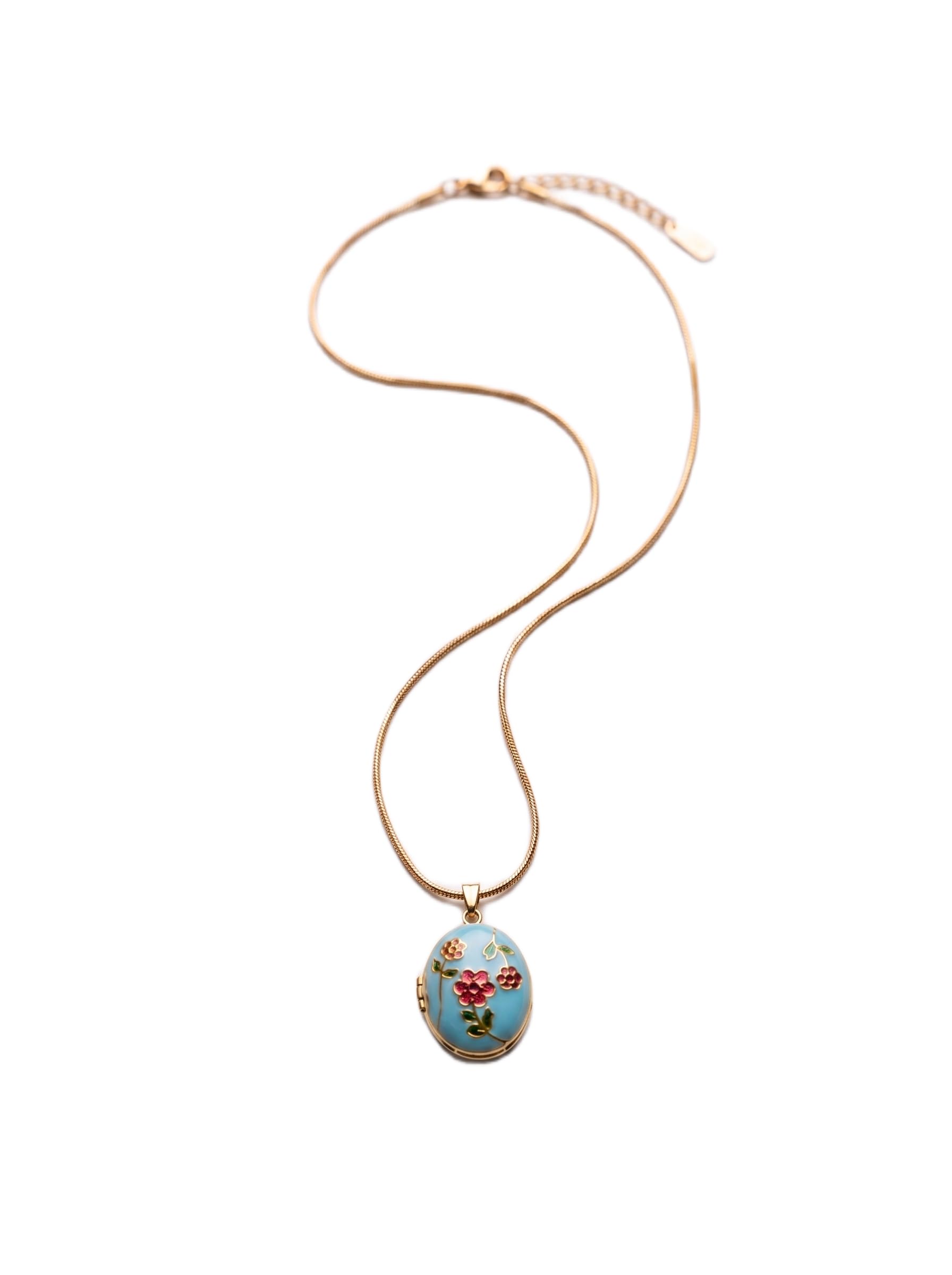 Vintage Floral Photo Locket Necklace for Women Fashion Jewellery Blue Enamel Openable Oval Pendant Pink Flower Design Delicate Chain Lightweight Necklace-image-7