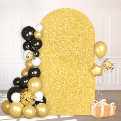 PATYDEST Gold Arch Cover 7.2FT Sequin Wedding Arch Cover Spandex Fitted Arch Backdrop Cover Round Top Chiara Sequin Arched Backdrop Stand Covers for Baby Shower Banquet Prom Balloon Decorations