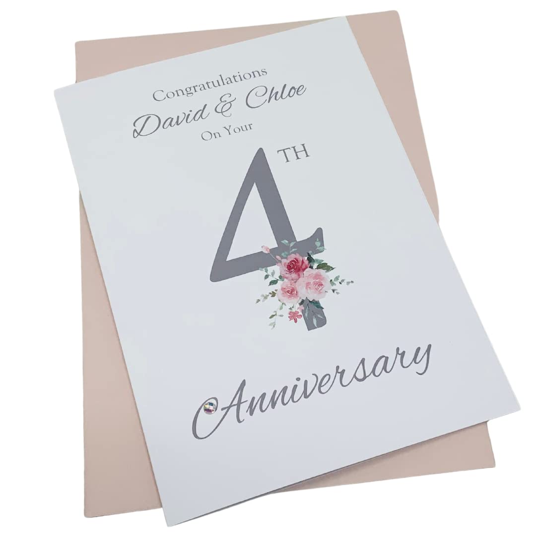 4th Anniversary Card - Linen 4 Year Fourth Wedding Anniversary Greeting Card, Personalised Gift for Wife Husband Couple Friends - Various Designs (Floral Number) โ image 1