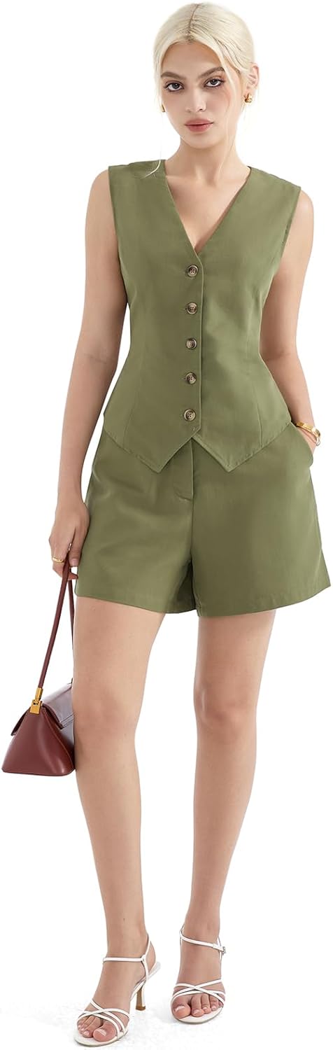 SUUKSESS Women's Summer 2 Piece Sets Button Down V Neck Vest Waistcoat and Pockets Shorts Sets - Image 5