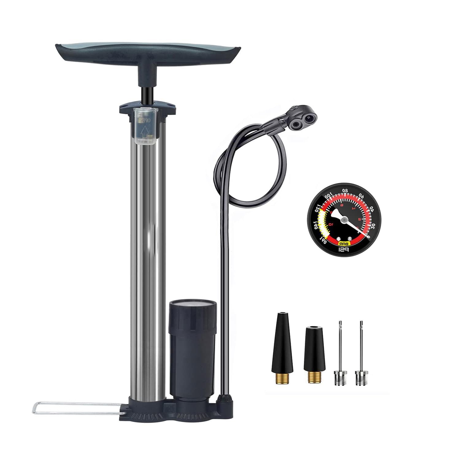 TRASSLE Bike Pump Portable, Ball Pump Inflator Bicycle Floor Pump with high Pressure Buffer Easiest use with Both Presta and Schrader Bicycle Pump Valves-160Psi Max