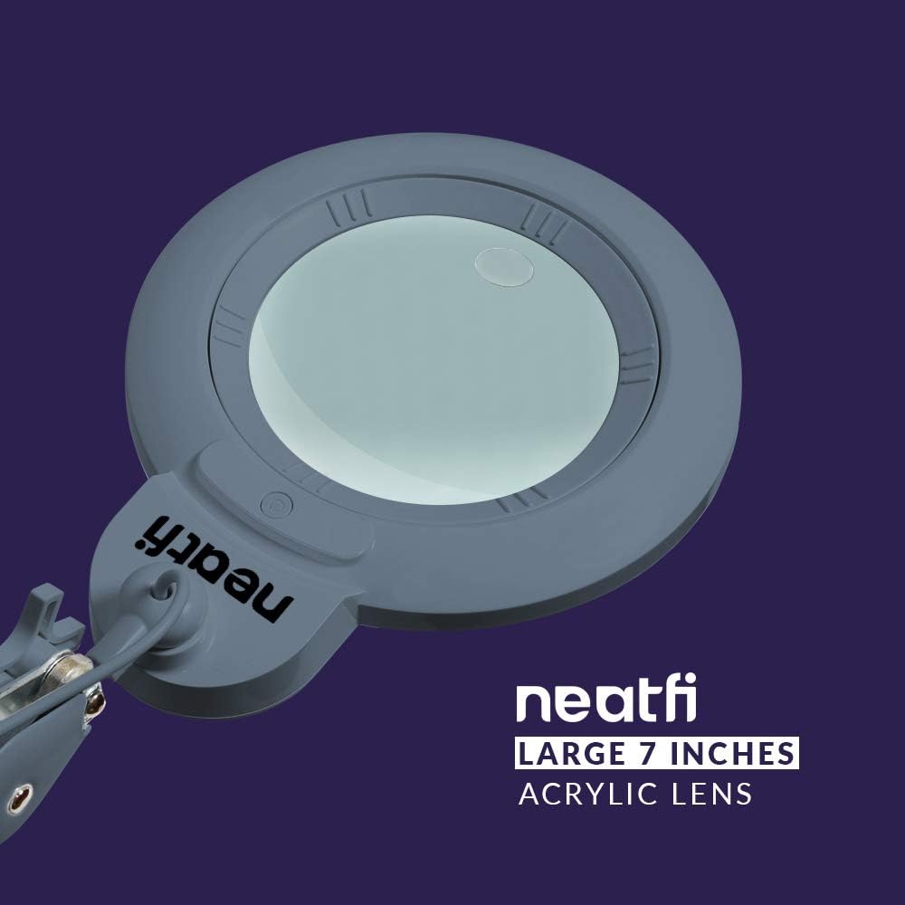 Wееklу Tор Sаlе Neatfi XL Bifocals 1,600 Lumens Super LED Magnifier Lamp with Clamp, Large 7 Inches Acrylic Lens, 5 Diopter with 20 Diopter, Hands Free, Dimmable, 16W, 84 Pcs SMD LED, Adjustable Arm (Gray)
