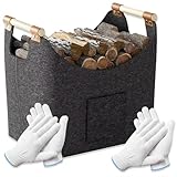 Cfcyhla XL 60L Filzkorb & Holzkorb für Kaminholz -2 paar Handschuhe.+ Leder Applikation + rutschfeste Griffe + Fronttasche extra groß - Filz Tasche Korb für Einkauf, Holz, Zeitung oder Brennholz