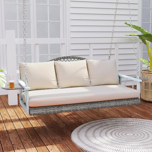 Outsunny 3 Person Wicker Porch Swing Chair Heavy Duty 800 LBS with Cup Holder, 57 Inch Outdoor Rattan Patio Hanging Swing Bench with Cushions and Chains for Garden, Backyard, Natural Wood Outsunny 3 Person Wicker Porch Swing Chair Heavy Duty 800 LBS with Cup Holder, 57 Inch Outdoor Rattan Patio Hanging Swing Bench with Cushions and Chains for Garden, Backyard, Natural Wood