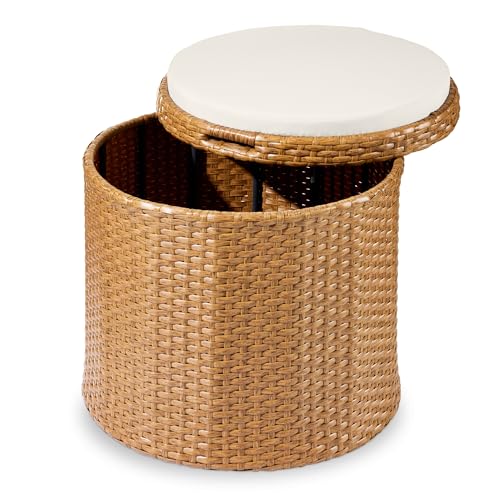 Best Choice Products Round Wicker Ottoman, Multipurpose Outdoor Furniture for Patio, Backyard, Additional Seating, Footrest, Side Table w/Storage, Removable Cushions – Natural/Ivory