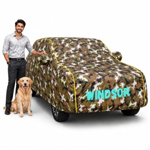 Image of Waterproof Car Cover for Windsor | Soft Cotton Lining Heavy Duty Triple Stitched Heat Resistant Outdoor Cover Comes with Mirror and Antenna Pocket Full Bottom Elastic (Zig Zag Jungle)
