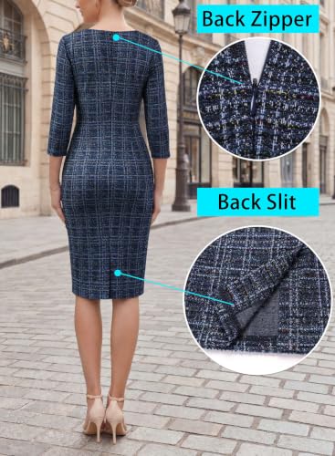Image of VFSHOW Womens Work Business Office Zipper Up Slim Bodycon Sheath Dress | 3 /4 Sleeve, Crew Neck, Front Zipper, Crisscross Waist, Church Spring Fall Pencil Dress