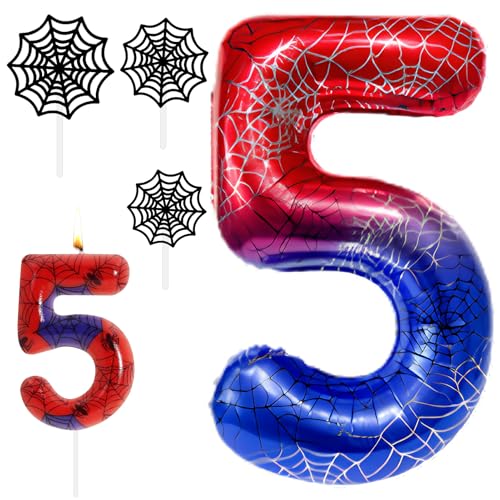 Spider Kit de décoration d'anniversaire 5 ans, araignée, ballon de 5 ans, avec bougies d'anniversaire, chiffres, toile d'araignée, décoration de gâteau...