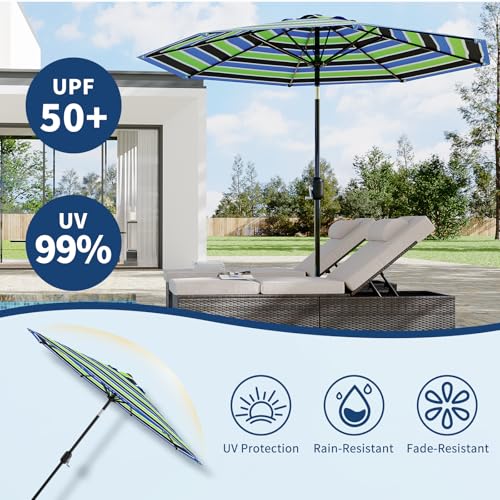 Patio Umbrella 9ft, Table Umbrella Outdoor Patio UV Protection with Crank Lift & Push Button Tilt, 8 Sturdy Ribs for Yard, Deck, Pool - Tricolor Stripe