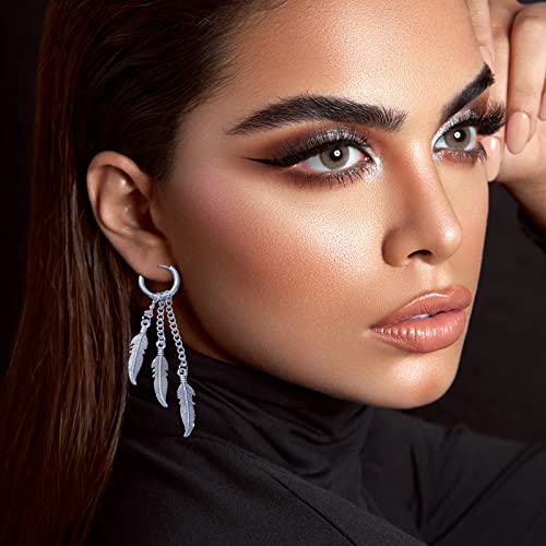 Halawly Stainless Steel Feather Chain Earrings For Men Women Sliver Gold Black Punk Long Dangle Earrings Set Lightweight Fashion Party Birthday Jewelry #TOP3
