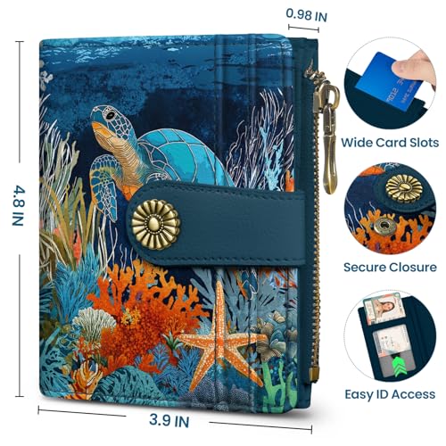 Image of Small Wallet for Women, RFID Blocking Bifold Card Holder Wallet with 10 Card Slots, Cash Compartment, Zipper Coin Pocket & ID Window, Cute Soft Vegan Leather Compact Wallet, Turtle