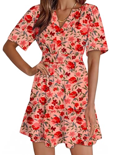 Image of Dokotoo Womens Summer Dresses 2026 Boho Floral Short Sleeve V Neck Smocked Waist Casual A-Line Swing Mini Dress Sundress