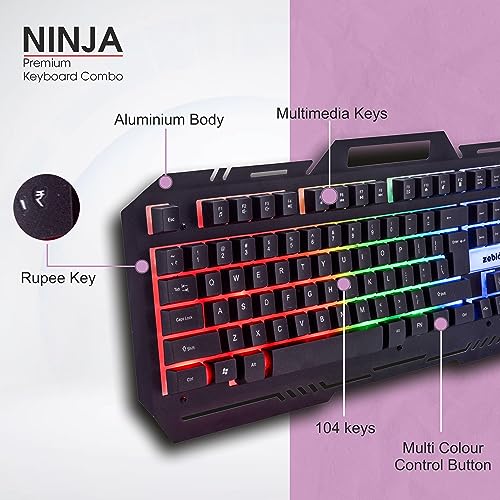Image of Zebion Ninja Gaming Keyboard and Mouse Combo,Braided Cable,Durable Metal Body,Multimedia Keys and Gaming Mouse with 6 Buttons, Multi-Color LED Lights, High-Resolution Sensor with 3200 DPI (Black)
