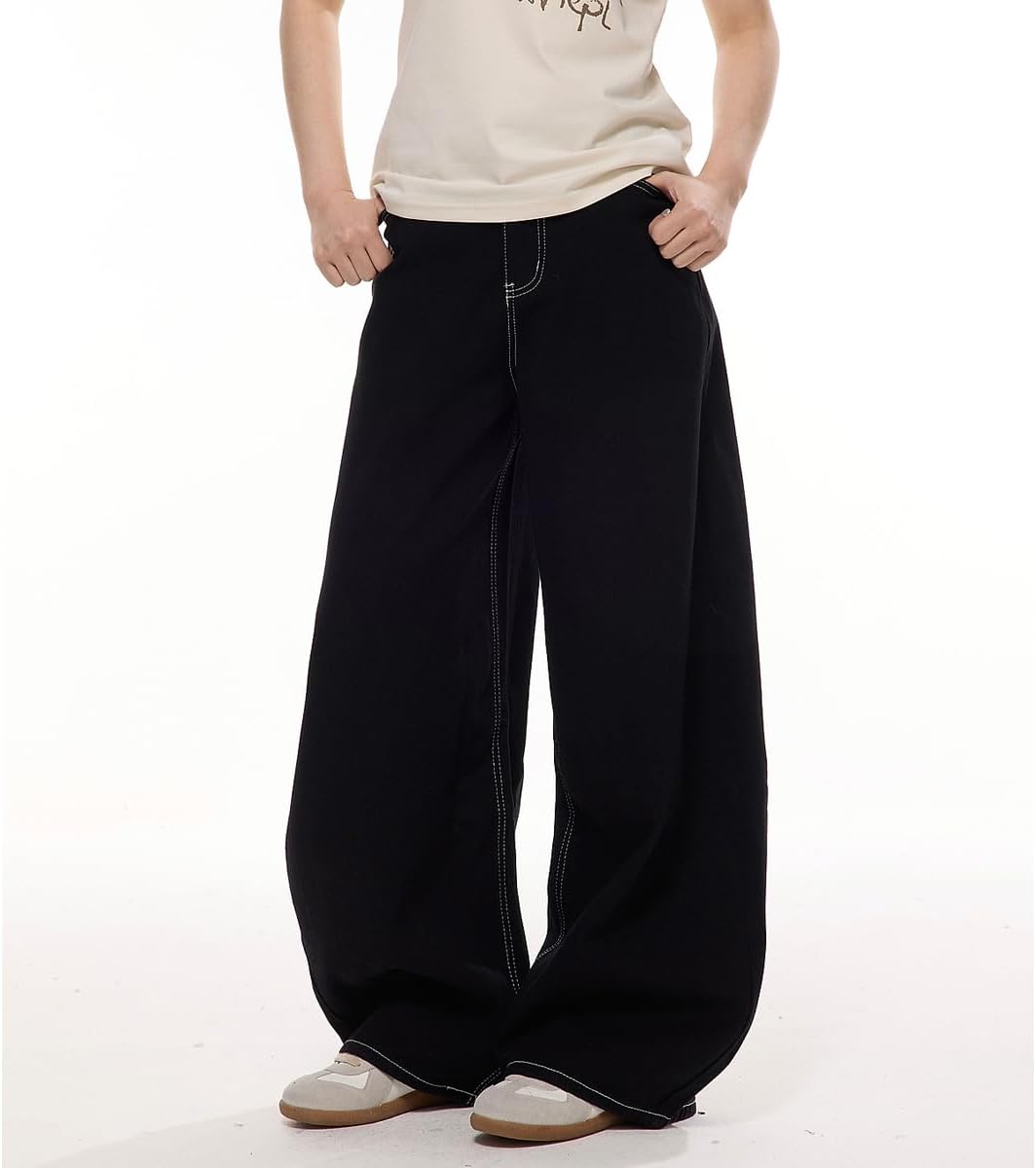 Vintage Y2K Wide Leg High Waisted Jeans Cute Embroidered Grid Patchwork Streetwear Multi-Pocket Denim Pants - Image 8