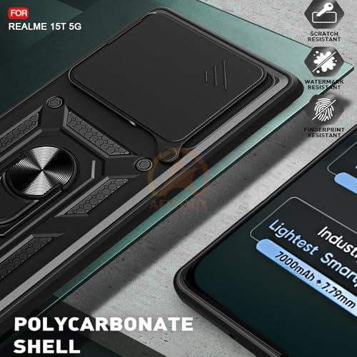 Image of Armor Bumper Back Cover Case for Realme 15T 5G Rotating Camera Cover, Ring Holder & Kickstand | Heavy Duty & 360 Degree Protection Realme 15T 5G Back Cover (Black)