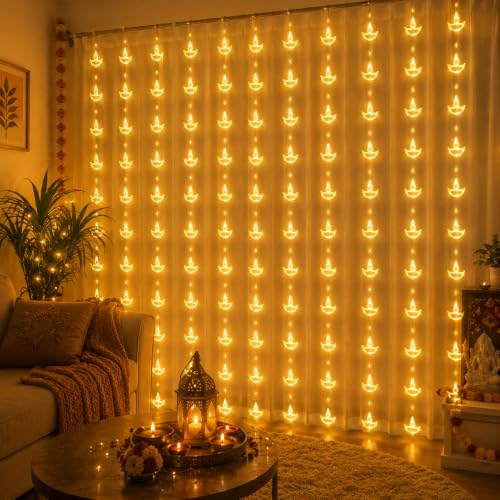 Image of Quace 80 Led Mini Diya Curtain Light 3x1 Meter with 8 Flashing Modes - Warm White Decorative LED for Home, Party & Festival Decoration
