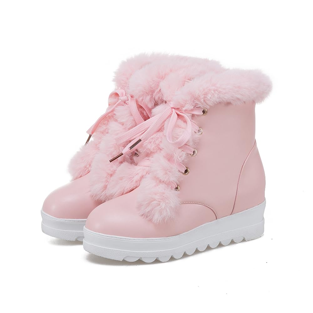 SoundSky Womens Furry Winter Combat Boots Fur Lace-Up Platform Ankle Boots