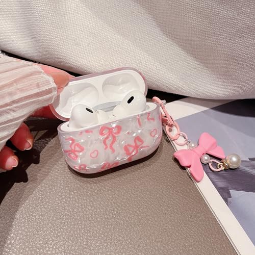 Image of MINSCOSE for Cute Glitter AirPods Pro 2nd /1st Generation Case,Shell Pattern Bow Ribbon Trendy Design with Bowknot Pearl Keychain,Protective Shockproof Cover for Airpods Pro /Pro 2-Pink