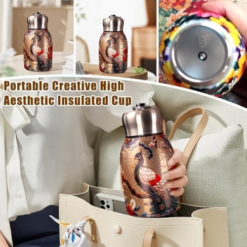 Image of Mini Vacuum Insulated Water Bottle 300 ml, Double Wall Stainless Steel Thermal Flask with Decorative Peacock Print, Compact Travel Mug for Office, Gym, School, Hiking and Daily Carry