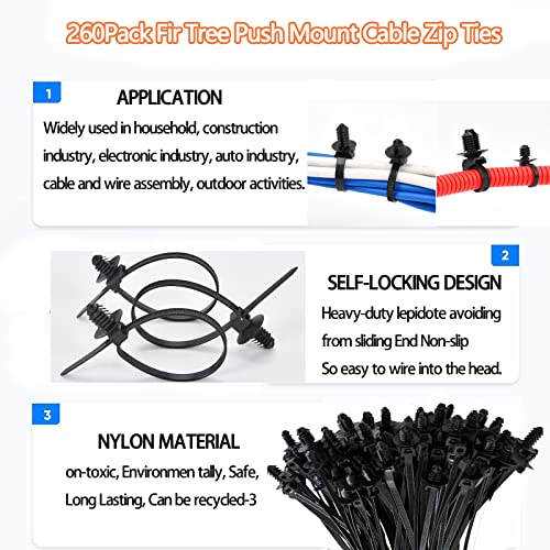 260Pcs Push Mount Cable Zip Tie,Nylon Self Locking Cable Strap,9 Most Popular Sizes,Heavy Duty Nylon Push Mount Self Locking UV Resistant Assortment For Indoor,Construction,Electronic and Auto - Thumbnail 6