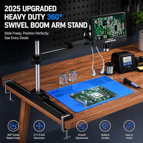 Image of LM210A 10.1 inch HDMI Digital Microscope for Soldering with Slide Rail Arm Stand, Professional Electronic Microscope Camera for Adults, UHD 2160P Video 52MP, Windows PC View, 32GB