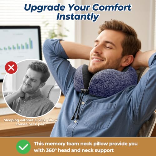 Image of ExploreBliss Travel Pillow, Neck Pillow Airplane, Mottled Blue | Travel Pillows for Airplanes, Neck Pillow Airplane, Memory Foam Neck Pillow Set with Eye Mask, Earplugs
