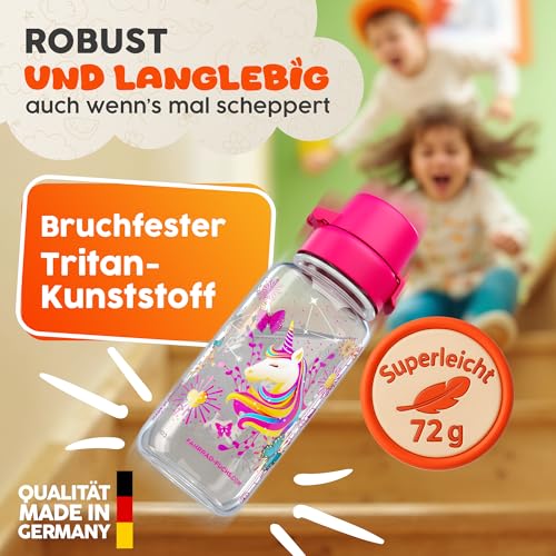 Zauberbande Trinkflasche Kinder auslaufsicher – Einhorn – 400 ml – Kinder Trinkflasche Kohlensäure geeignet, BPA frei aus Tritan, spülmaschinenfest, Easy-Clean – für Kindergarten und Schule