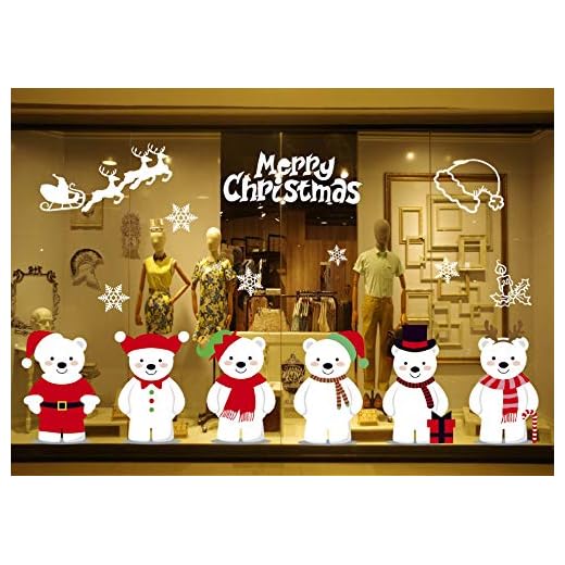 heekpek Sticker Noël pour Fenêtre Vitrine Vitre Morrir de Famille Boutique DIY Sticker Autocollant Mural 6 Ours Flocon De Neige