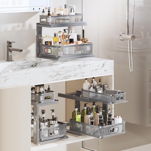Image of 2 Pack 15.5IN-Depth Under Sink Organizer With Next-Gen Ball-Bearing Slides,2-Tier Precision Mesh Pull Out Cabinet Storage for Bathroom&Kitchen,Height Adjustable Drawers Shelf,Anti-rust-Grey