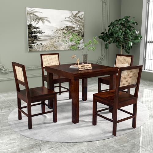 Image of Solid Sheesham Wood 4 Seater Dining Table Set with Chairs for Dining Room | Living Room | Home & Office | Hotels Restaurant & Cafe (4 Seater, Walnut Finish)