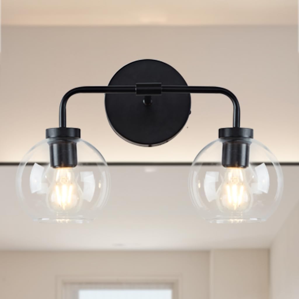 Modern Matte Black Double Glass Globe Wall Sconce, 17 X 7 Inch Vanity Light Over Mirror, Bathroom Light Fixture with Matte Black Metal Canopy