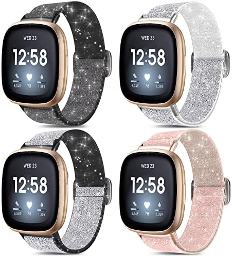 4 Pack Shiny Elastic Nylon Bands Compatible with Fitbit Versa 3 / Fitbit Sense Bands for Women Men, Soft Adjustable Stretchy Solo Loop Replacement Wristband for Smartwatch
