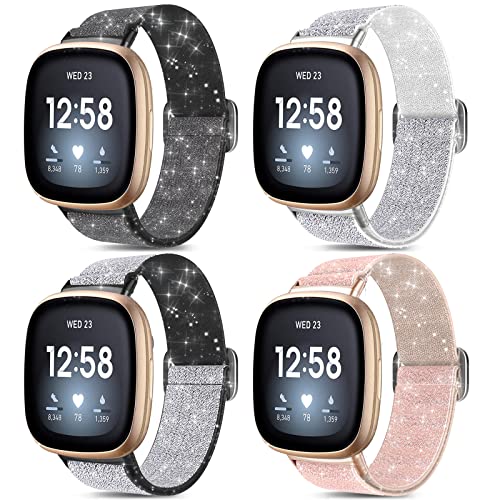 4 Pack Shiny Elastic Nylon Bands Compatible With Fitbit Versa 3 / Fitbit Sense Bands For Women Men, Soft Adjustable Stretchy Solo Loop Replacement Wristband For Smartwatch #TOP2