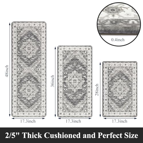 MJIAHOMDEC Cushioned Kitchen Rug Sets 3 Piece Anti Fatigue Kitchen Mats for Floor Non Slip Waterproof Kitchen Rugs and Mats Comfort Standing Mat Runner for Home Office,Sink,Laundry